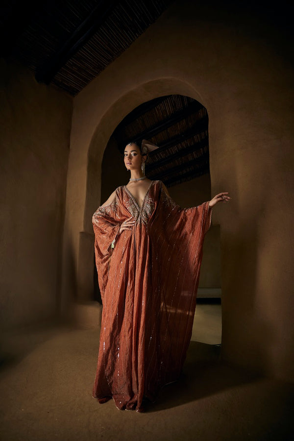 Copper silk tissue kaftan with a deep V neck and cold shoulder style sleeve